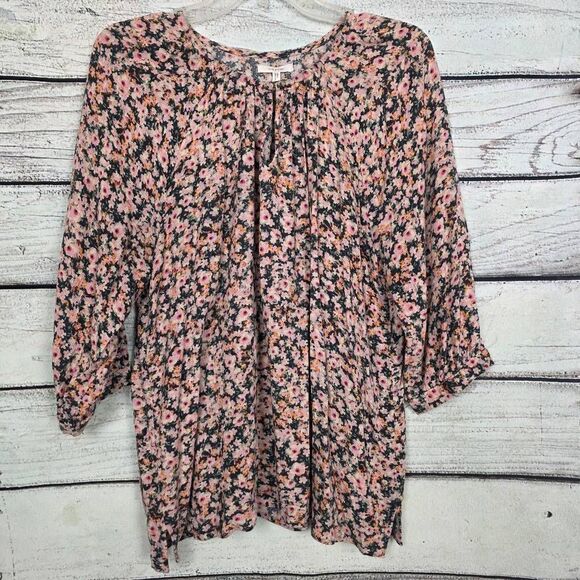 Maurices L Pink Floral 3/4 Sleeve Boho Peasant Blouse - Picture 1 of 8